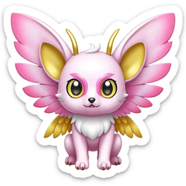 Shiny epic glittery divine white yellow pink animal-fakemon-creature with head-ear-wings, cute, adorable, big eyes sticker