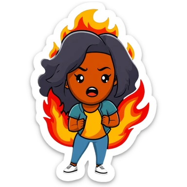 African American woman with long hair, frustrated expression, hair on fire sticker