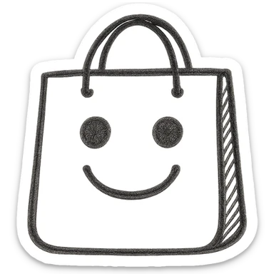 Minimalist buying emoji, black and white, simple shopping bag icon. sticker