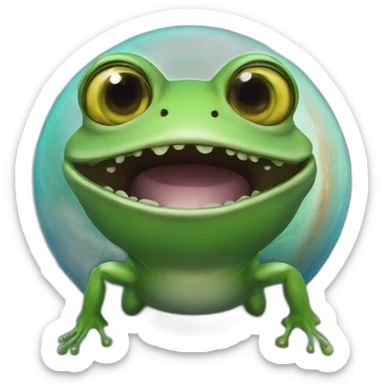 planet Saturn with a cartoon grinning frog face with big eyes sticker