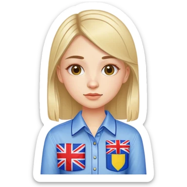 A Ukrainian girl wearing an embroidered shirt holds a British flag sticker