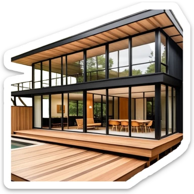 midcentury modern house with 1000 sqft and all windows and a sliding windows on corner. Single story. High ceilings, black and vertical wood slats for outside walls of home. Wood deck with complementary but different wood and shade from larger wood slats. With overhanging shade and slats. sticker