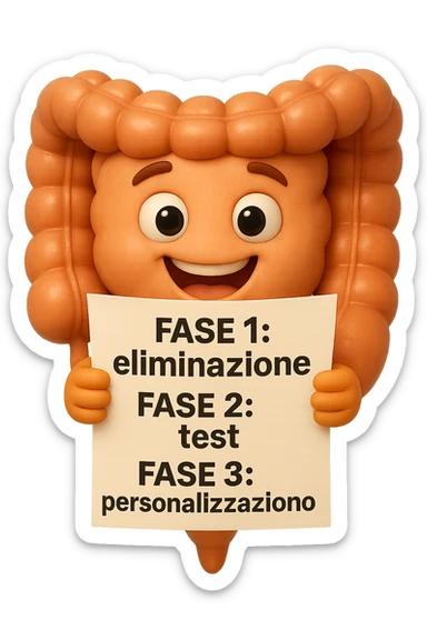 emoji stile iphone 3d di un intestino che tiene in mano un foglio con la scritta "FASE 1: eliminazione, FASE 2: test, FASE 3: personalizzazione, IPERREALISTICO 4K sticker