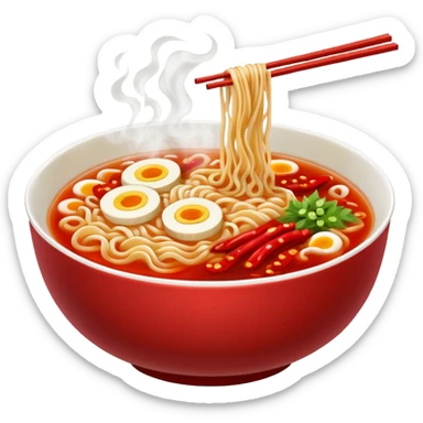 steaming ramen bowl with red broth and chili slices sticker