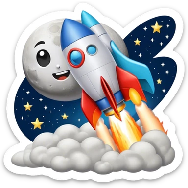 A rocket taking off and landing on the moon but it's the go puff logo sticker