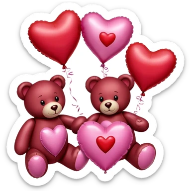 maroon love letter, three metallic pink heart-shaped balloons and red kisses and love teddy bear sticker