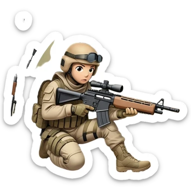 A tactical player in camouflage gear, crouched behind cover with a rifle aimed, ready for action. The scene is set in an outdoor field, with strategic obstacles and soft sunlight, conveying the intensity and teamwork of a competitive airsoft match. sticker