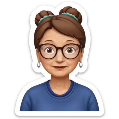 Old woman with brown hair in one bun and glasses, white European sticker