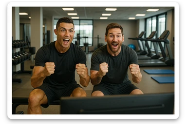 Ronaldo and Messi side by side, excited in front of a television, in a gym atmosphere sticker