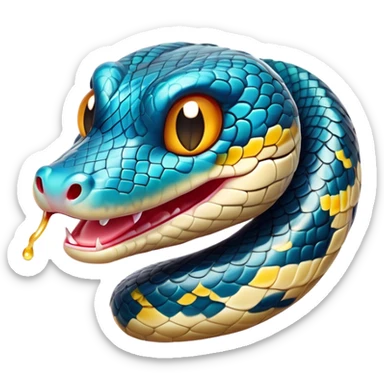Cinematic Comical Chinese Water Snake Portrait Emoji, Head tilted dramatically with an exaggeratedly amused expression, featuring a striking, glossy scaled body with bold patterns and wide, expressive eyes filled with playful disbelief, Simplified yet hilariously expressive features, highly detailed, glowing with a slightly sassy aquatic glow, high shine, dramatic yet playful, stylized with an air of cheeky water mischief, soft glowing outline, capturing the essence of a spirited and over-the-top water snake that feels like it could slither its way into internet fame instantly! sticker