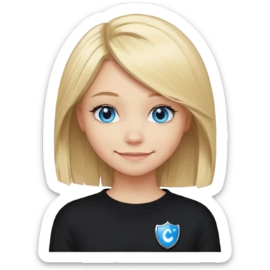 a new character a girl with shoulder length blonde hair wearing black clothes and wearing a cheeky smile she has blue eyes her black sweater has an emo style badge sticker