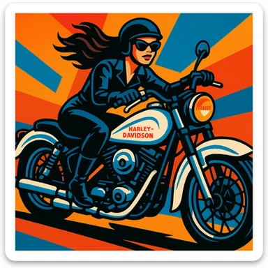 A woman in black leather riding a white and blue Harley Davidson motorcycle, dynamic pose, detailed, vibrant colors, modern vibrant toon style illustration sticker