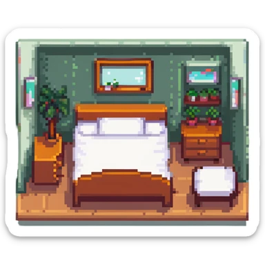 tiny cute bedroom with pink decor, plushies, cute lamp, small cozy bed sticker