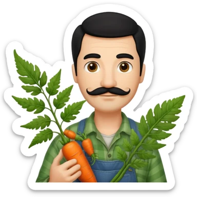 farmer emoji inspired by 🧑‍🌾, holding a fiddlehead fern instead of a carrot, with black hair, a moustache, and a light beard, resembling the attached reference photo sticker