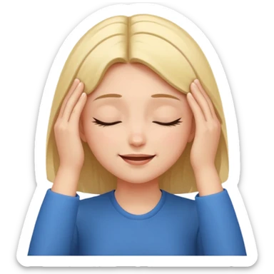 The girl with her eyes closed holds her temples with both hands and smiles slightly sticker