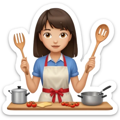 girl brunette with bangs long hair cooking sticker
