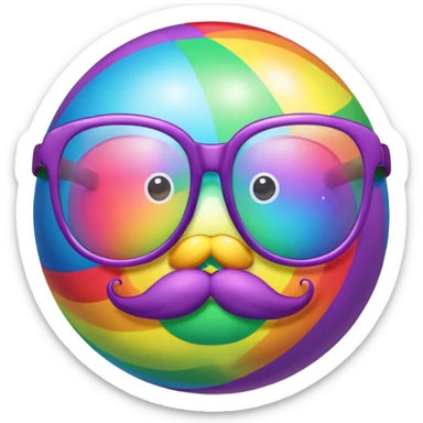 a rainbow ball with a mustache and glasses and a bow sticker