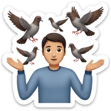 man open arms looking at a flying pigeon sticker