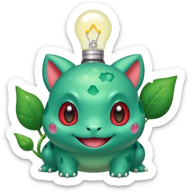 cute Bulbasaur Pokémon, rednote emoji style, sparkling eyes, small bulb on back, happy inviting expression, green and teal colors sticker