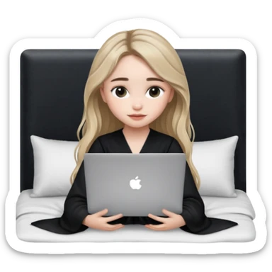 Sabrina carpenter in a black nightdress sitting on a bed with her laptop open  sticker