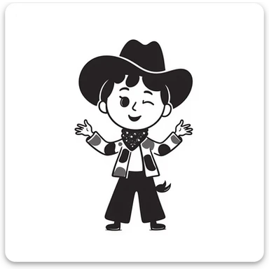 A hand-drawn plush cowgirl toy with a bandana, hat and a cute smile sticker