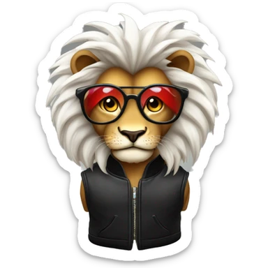 ￼ un leone con i capelli rossi, gli occhiali di sole neri, la giacca nera e la maglia bianca sticker