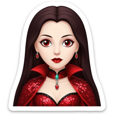 Countess Dracula with long dark brown hair, red sequin outfit  sticker