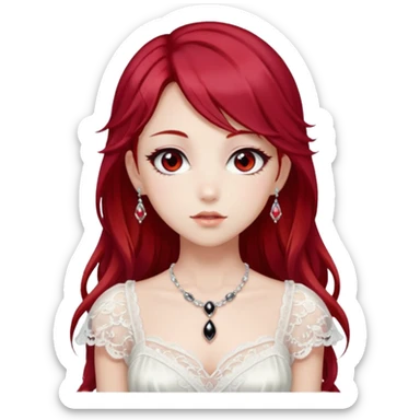 Beautiful shiny ethereal Gorgeous Anime Lady with dark hair and red hair streaks with a beautiful white silky lace dress and rubies and onyx gems  sticker