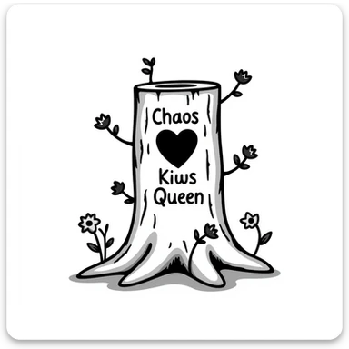 cartoonish tree stump with a heart carved inside, the words 'Chaos King' and 'Chaos Queen' carved inside the heart, vines and wildflowers growing around it, hand drawn doodle style sticker