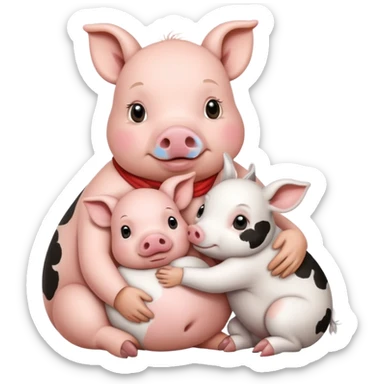 Home of rat, pig as parent hugging  little cow,  adult rabbit  sticker