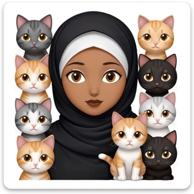 beautiful brown skin hijabi with dark brown eyes and black hijab with six cat (one chubby calico cat, one chubby tabby cat, one tabby cat with left cataract eye, one tabby mix white cat, one black cat and marble tabby kitten) sticker