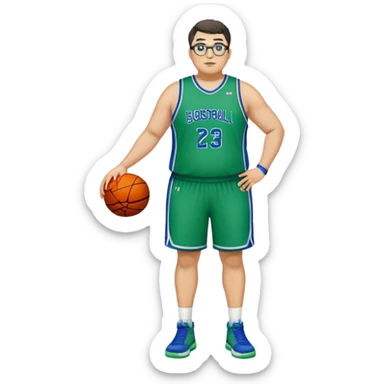 Full Body plus size tall white male with dark short hair basketball player wearing glasses wearing blue  with green uniform sticker