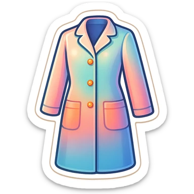 female medical coat full length, with turn-down collar, retro stickers style, soft rounded shapes, clean contours, pastel palette, shadows and highlights, modern illustration, transparent background sticker