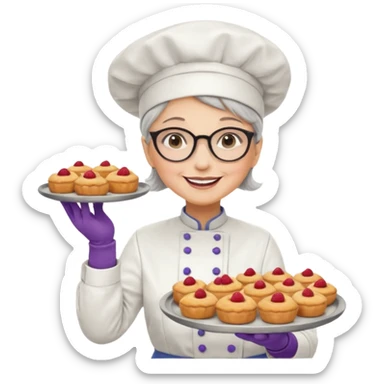 Older female pastry chef – round glasses, oven mitts on, holding a tray of pastries.

 sticker