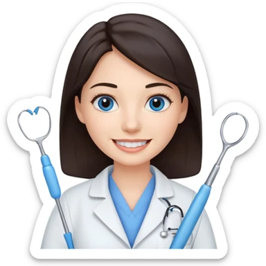 сгенерируй девушку стоматолога с профильными для нее предметами с темными волосами и голубыми глазами еще sticker