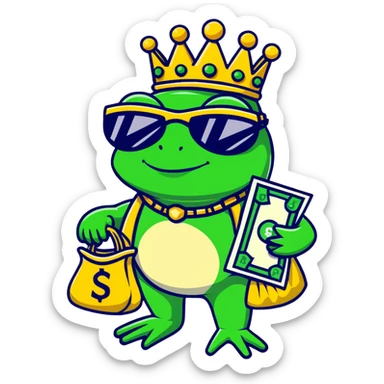 gangster frog king with gold crown, cool sunglasses, gold chain, money bag sticker