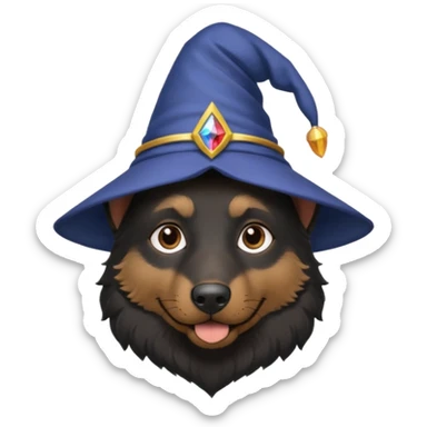 black german shepherd face wearing a wizard hat sticker