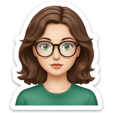 White girl with medium length brown wavy hair, glasses, and green eyes sticker