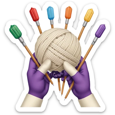 hands holding 2 knitting needles (1 on the right hand and another one on the left hand) with a ball of knitting thread (without a person's face) sticker