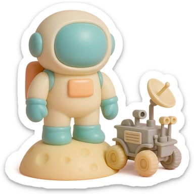 Add a detailed moon rover next to the vinyl figure style astronaut standing on the moon, keep the lunar surface details and original style sticker