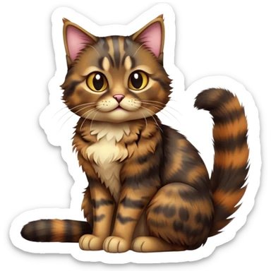 cinematic-[tortoiseshell tabby cat]-realistic-full-body-sitting-emoji,-tail-curled-playfully-around-its-paws,-head-tilted-dramatically,-scruffy-[dark tortoiseshell coloured]-fur,-simplified-yet-realistic-focused-features,-highly-detailed,-glowing-with-an-almost-sarcastic-glow sticker