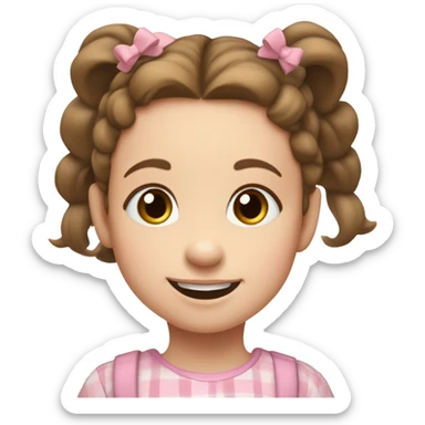 A toddler girl with 2 tiny pig tails on top of her hair with tiny bows, fair skin, blue eyes,  brown hair, smiling, wearing a pastel shirt sticker