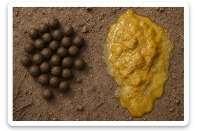 feci di animale a palline viste dall'alto e feci di animale liquide e gialline viste dall'alto, iperrealistico 4k sticker