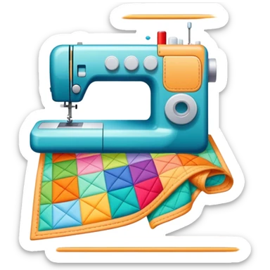 Patchwork and quilting icon, colorful fabric patches sewn together in a quilt pattern, sewing needle and thread, quilting tools like rotary cutter and quilting hoop, minimalistic style, clean lines, transparent background. sticker