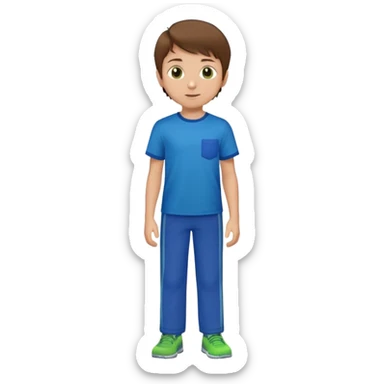 A 8 year old boy with brown hair and eyes. Blue T shirt and green pants  sticker