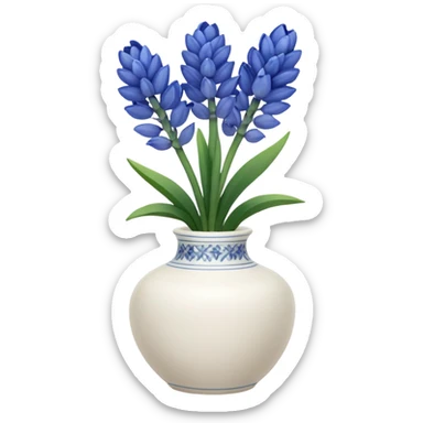 A small white ceramic vase holding a delicate blue hyacinth with soft green leaves — simple, elegant, and calming in a cozy, minimalist style. sticker