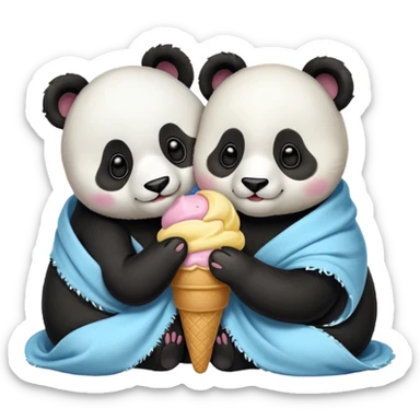 Pandas hugging and sharing ice cream wrapped in blanket  sticker