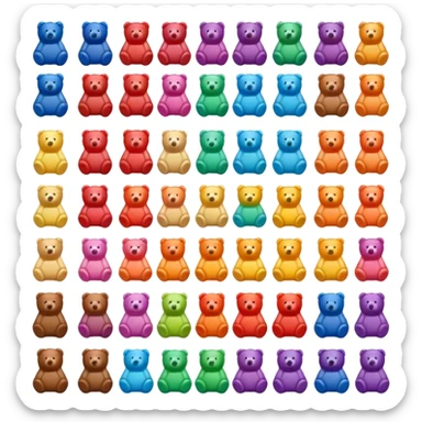 Sixteen different colours of neatly arranged bear gummy sticker
