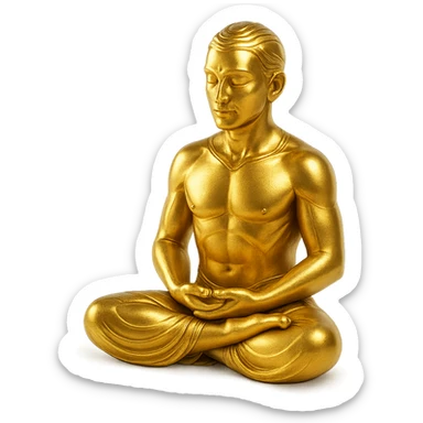 stylized gold figure of a man meditating in the lotus position, serene expression, gold objects style sticker