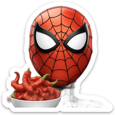 spider-man with his black white and silver suit eating a red hot chili sticker